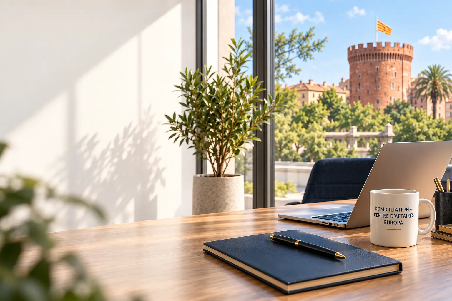 Visuel d’ambiance évoquant un bureau professionnel à Perpignan, avec le Castillet visible à travers une baie vitrée