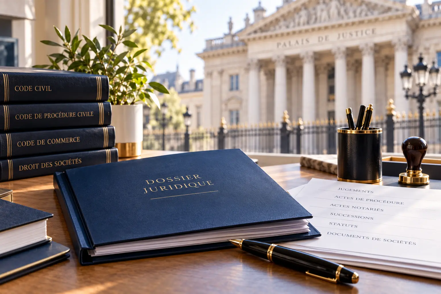 Visuel d’ambiance juridique française avec dossier, ouvrages de droit et palais de justice en arrière-plan